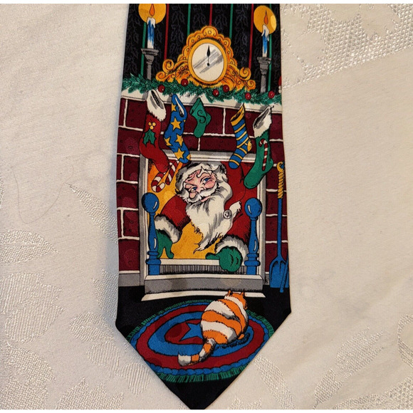 VTG Christmas Silk Tie Santa by Fireplace Cat Stocking Holiday Novelty Addiction - Picture 3 of 9